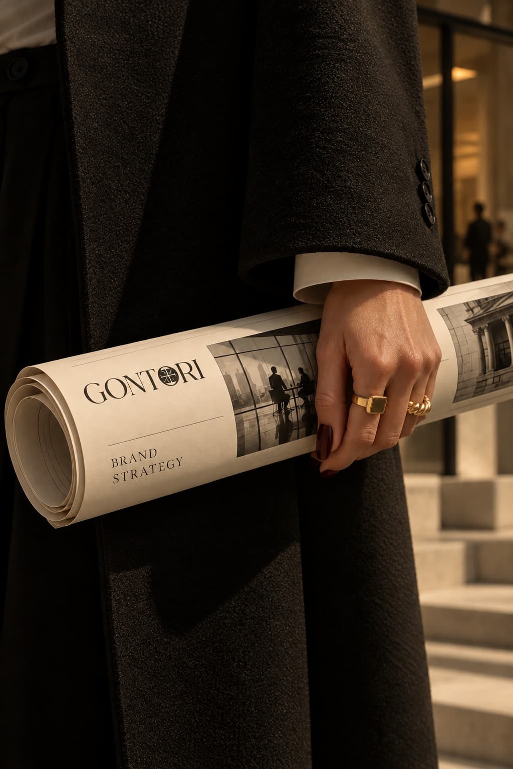 Mão com anéis dourados a segurar um documento enrolado com a marca Gontori e o título Brand Strategy