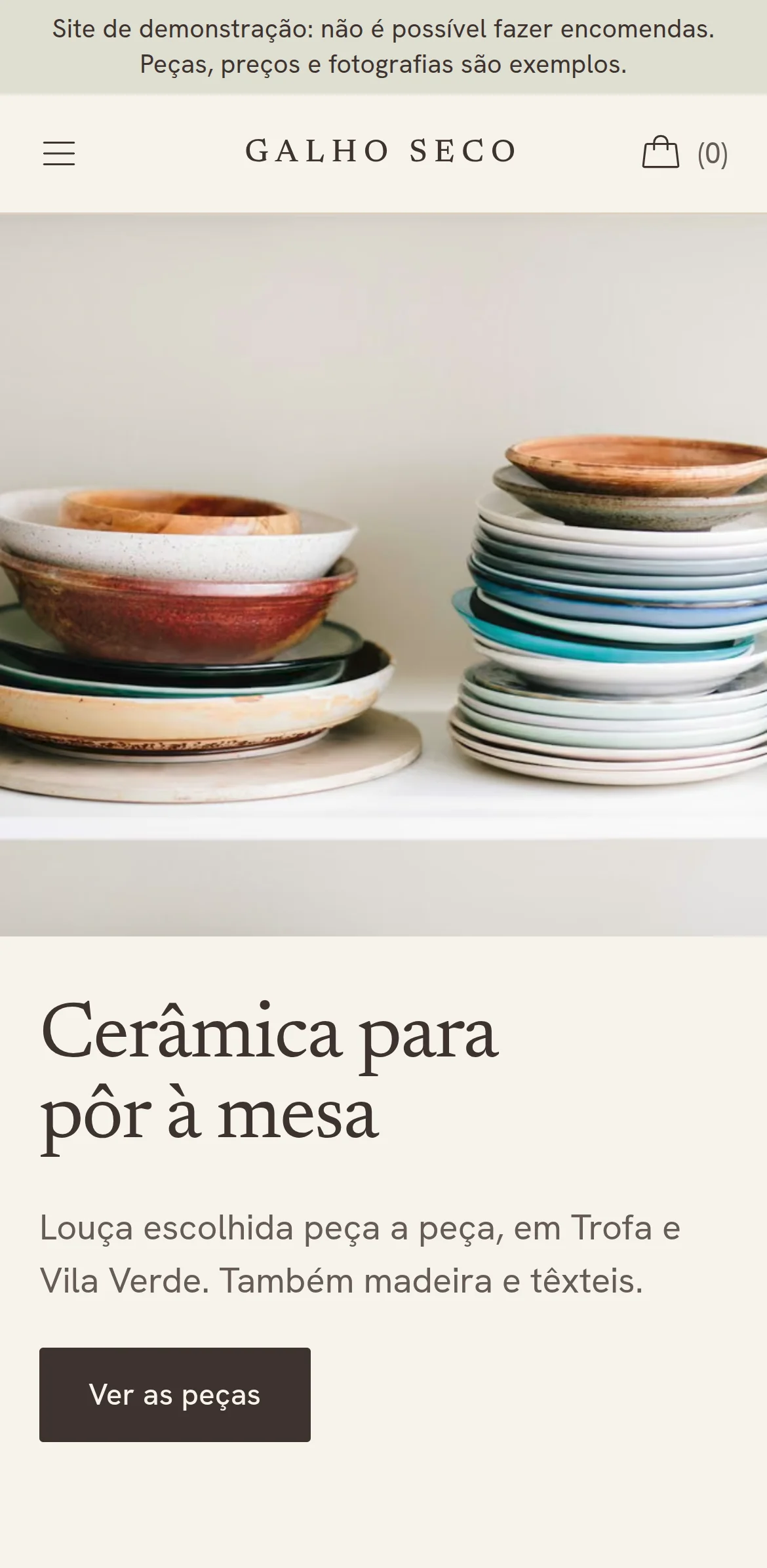 Página inicial do website Galho Seco em telemóvel